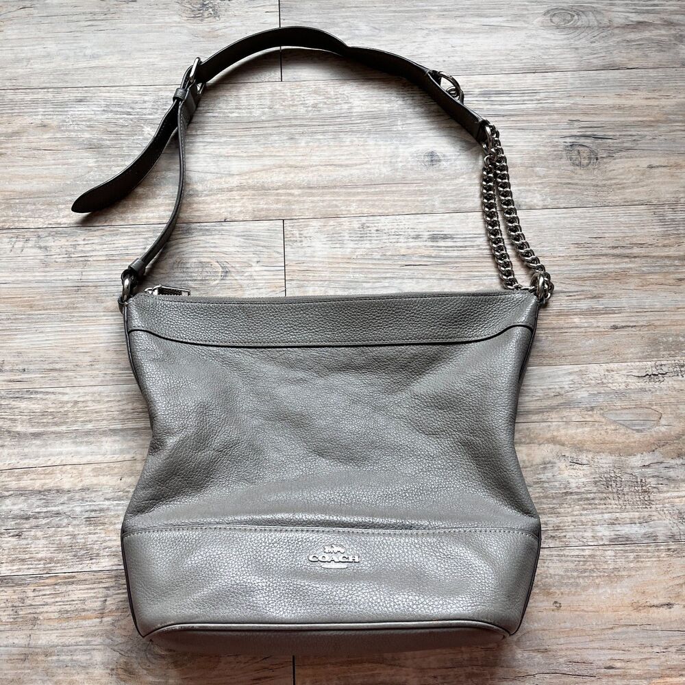 Coach Paxton Duffle Crossbody Grey Pebbled Leather Shoulder Bag Silver Chain - Picture 13 of 14